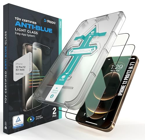 Deppa | 2 pièces | Pour iPhone 12 Pro/12 (6.1') Verre Trempé Anti-Lumière Bleue [Certifié] [Couverture Complète], Installation Facile sans Bulles, Incassable, Anti-empreintes