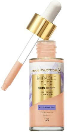 Max Factor Miracle Pure Skin Reset Foundation, 2-in-1 Serum und flüssige Foundation, natürliche Deckkraft mit mattem Finish, Reset-Komplex, Fb. 10-30 Fair