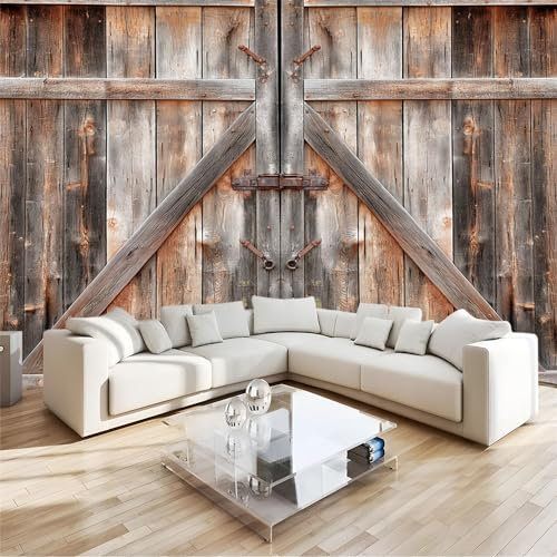 Papier Peint Panoramique 3D Porte En Bois de Grange Vintage Papier Peint Intissé Tapisserie Poster Mural Brun pour Salon Chambre Décoration Murale 200x140cm