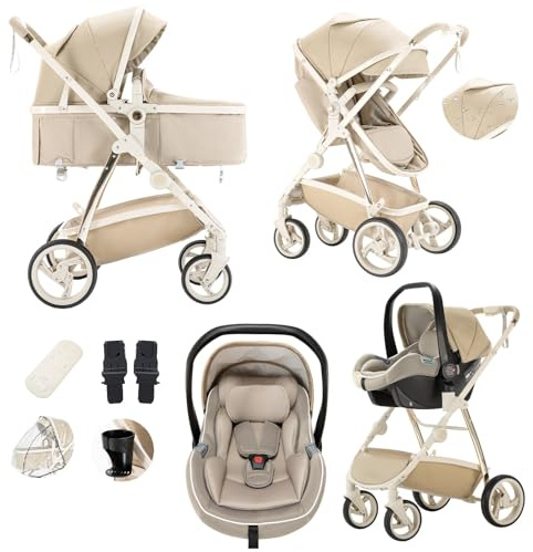 Lnhcrbs Kinderwagen 3 in 1, Stroller Set ist ein mit einer Hand faltbarer Aluminiumrahmen, Bergsteiger Kinderwagen ist aus Leder, wasser- und schmutzabweisend, Für 0-4 Jahre, 22KG (Khaki)