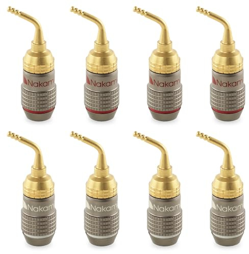 Nakamichi FanLock Excel Series 24k Gold Plated 2mm Pin Plugs Banana 10 AWG - 18 AWG Gauge Size 4mm for Spring Clip Speakers Amplifier Hi-Fi Home Theatre Wire Cable Quick Connector, 8 Pcs (4-Pairs)