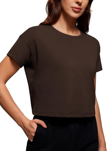 CRZ YOGA Pima Cotton Crewneck Crop T-Shirt | Workout, Natürlich Weich, Relaxed Fit, Sportshirt Kurzarm für Damen