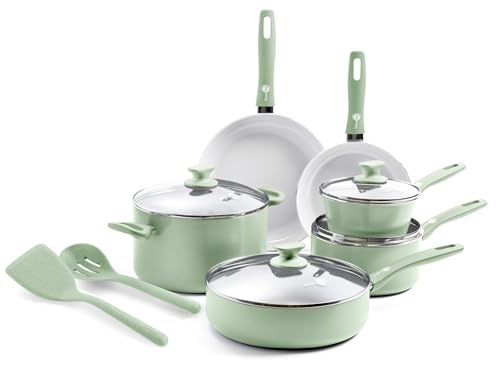 Greenpan Dover - Juego de ollas y sartenes antiadherentes de cerámica saludable, 12 piezas, sin PFAS, apto para lavavajillas, mango de agarre cómodo, color verde pastel