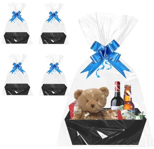 WIYETY Lot de 5 corbeilles de présentation en carton vide - Grand panier cadeau en carton avec poignées et sacs cadeaux transparents - Boîte cadeau pour la Saint-Valentin, Halloween, Thanksgiving,