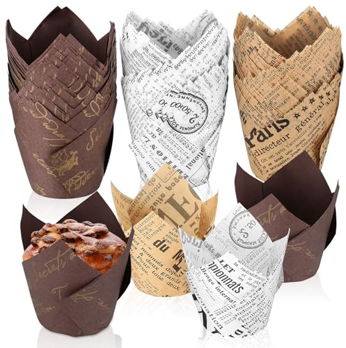 150 Pcs Tulip Muffin Cases for Baking, Tulip Cupcake Cases Greaseproof Muffin Cups, Cup Cake Cases for Baking, Christmas Wedding Birthday Party, Vintage Style