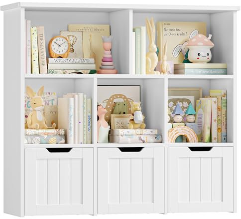 FOREHILL Kinderregal mit Boxen auf Rollen, Kinderzimmer Möbel, Spielzeugregl, Aufbewahrungregal,Bücherregal für Kinder, Kinderschrank, Regal mit 3 Boxen 100x33x89.5cm weiß