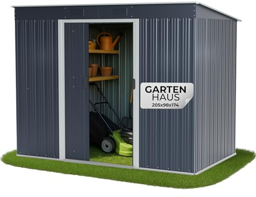 STREND PRO Metall Gartenhaus mit Unterbau, Anthrazit, 205 x 96 x 174 cm | Solide & Langlebig | Geräteschuppen mit 2 Schiebetüren | Garten gerätehause | Gartenlaube | Blechhütte | Fahrradgarage