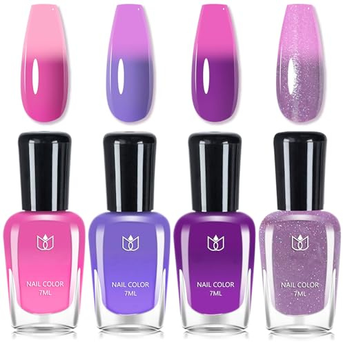 Colour Changing Varnish Sets - 60 Seconds Nail Polish Quick Dry - 4PCS Temperature Thermal nail polish Set - No Bake UV Pink Purple Blue Nail Varnish - Breathable & Non Chip Long Lasting for Women