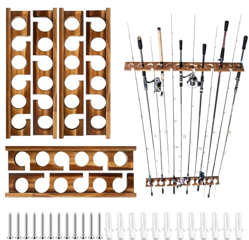 BONJUME Support De Canne à Pêche, 3 Paires Supports De Canne à Pêche En Bois Pour 18 Cannes Support De Rangement Pour Garage Magasin Maison Montage Mural Ou Au Plafond