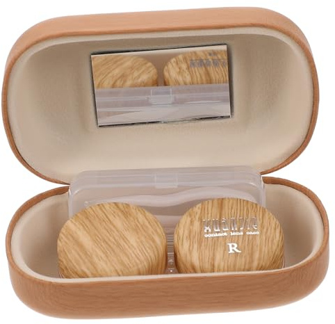 TOBBOMEY Étui à Lentilles De Contact Cosmétiques Double Boîte en Similicuir Vintage Brun Clair, Grand Diamètre Anti-Fuite, Kit De Rangement Compact Et Portable, Utilisation Voyage Et Maison