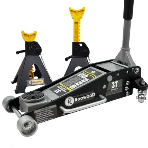 3 Ton Hydraulic Low Profile Floor Jack and 3T Axle Stands RocwooD Aluminium Heavy Duty Car Trolley Jack Lift 100mm – 465mm Lifting Range Dual Piston Pump Wheels Non-slip Handle for Car Van Garage
