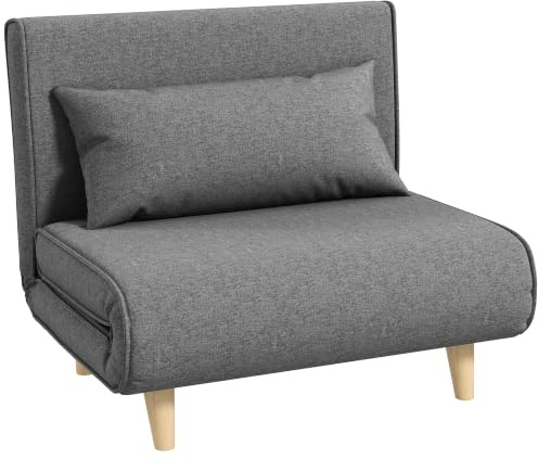 HOMCOM Sofá Individual con Respaldo Ajustable, Tumbona, 94x78x80cm, Gris | Sofá cama, sofá cama, sofá plegable, nórdico escandinavo, espuma 25D, hogar, imitación lino, madera de caucho
