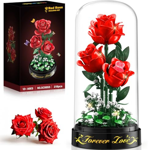 HiWEEGO Rot Rosen Blumenstrauß Bauset mit LED Licht für Ehefrau Erwachsene | 3,6 MM Rosenstrauß mit Abdeckung Ostergeschenke Blumen Bausatz für Freundin Heimdekoration Botanische Künstliche, 215 Teiles