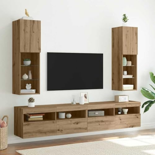 Teenpull Lot de 2 meubles TV avec éclairage LED, chêne artisanal, 30,5 x 30 x 102 cm, montage mural, console multimédia pour salon, design moderne