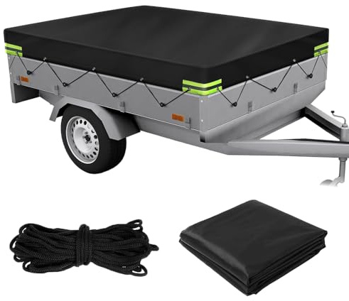 SKIKHN Bâche de Remorque,214x122 x13 cm Bâche plate pour Remorque Tissu Oxford 420D Imperméable,avec Corde et Bandes Réfléchissantes,Coupe-Vent,Protection Solaire,Adaptée Aux Remorques Voiture 750 kg