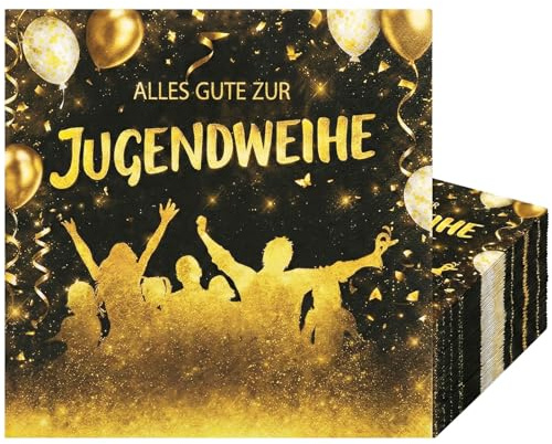 40 Stück Servietten Jugendweihe Deko Schwarz Gold, 33x33cm Tischdeko Jugendweihe Junge Mädchen, Alles Gute zur Jugendweihe Servietten, Party Deko Geschenke, Papier Servietten Festlich