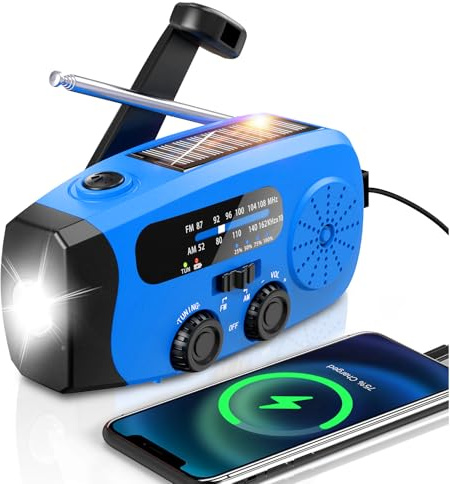 Notfall Kurbel Radio, 2000mAh/7400mWh Akku Kurbelradio Solar Batterie Power Bank USB AM/FM Radio mit SOS-Alarm Taschenlampe, 3-Wege-Laden Notfallradio, Innen Außen Camping Klein Taschenradio, Blau