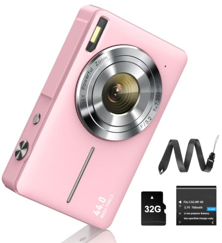 Digitalkamera 1080P 44MP Fotokamera FHD Fotoapparat 16X Digitalzoom Digital Kamera mit Batterie Tragbare Einfache Digitalkamera für Kinder Student Teenager Anfänger Senioren (Rosa)