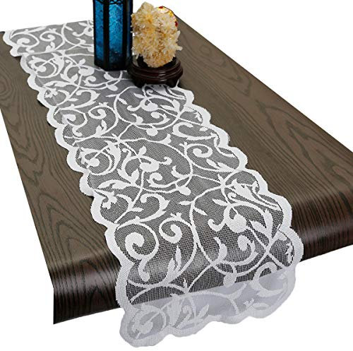 mookaitedecor Weiß Spitze Tischläufer Waschbar Tischwäsche Tischläufer Modern für Hochzeit Party Weihnachten Tischdekoration, 33 x 183 cm