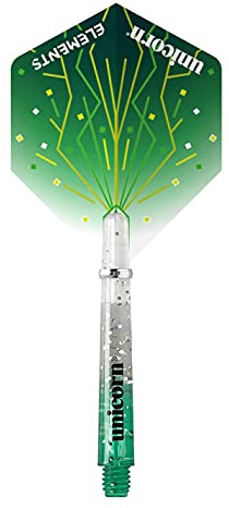 Unicorn Dart Shafts and Flights Set | Gripper 4 Elements Thunderstorm kombinationspaket | Hållbar polykarbonat | Tvåfärgad grön gradient med infunderade fläckar | Lång 41 mm | 3 stjälkar och