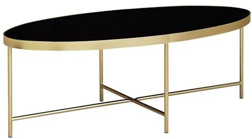 FineBuy Couchtisch Oval 110x56x40 cm Glas Schwarz mit Goldgestell | großer Wohnzimmertisch mit Glasplatte, Loungetisch mit Platz für Zeitschriften und Zeitungen, Glastisch