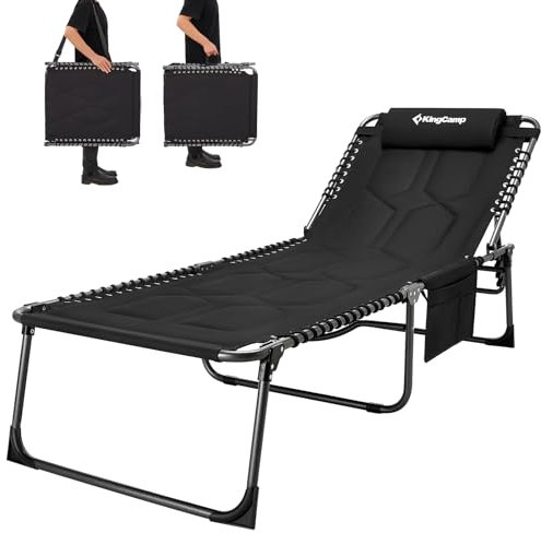 KingCamp Übergroße Sonnenliege Klappbar 5-Fach Verstellbar Gartenliege Liegestuhl Dreibeinliege Liege Campingliege mit Kopfkissen und Seitentasche bis 200 kg für Garten Urlaub Strand Pool 200 x 68 cm