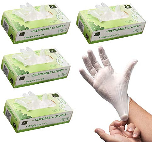 DISCOUNT PROMOS Non Powder Vinyl Gloves Set of 4, Bulk Pack - Each Box has 100 Disposable Gloves, For Cooking, Cleaning, Travelling, and Diaper Changing - Transparent White