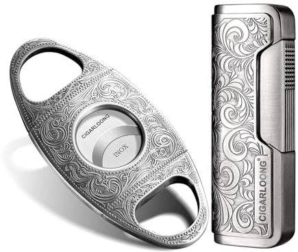 CIGARLOONG Zigarrenschneider und Feuerzeug Set Silberne Schärfklinge Gravierte Zigarrencutter und Retro Geschnitztes Feuerzeug