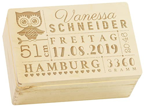 LAUBLUST Erinnerungsbox Baby Personalisiert - Eule - Geschenk zur Geburt | M - ca. 30x20x14cm, Holzkiste Natur FSC®
