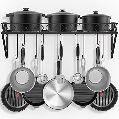 Bomclap Küchenregal Pfannenhalter, Eisen Küchenregal Hängend Topf-Rack mit 10 Haken, Küchenwand Regal Pfannen Regal für Töpfe und Pfannen, 70 x 28 x 23cm, Schwarz