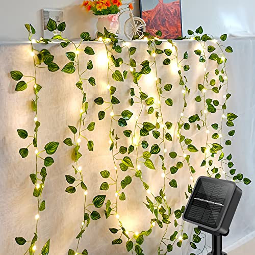 GuKKK Lichterkette Außen Solar, Künstlicher Efeu Lichterkette 100LED 10M/32Ft 8 Modi, Wasserdicht Solarlichterkette, für Garten, Balkon, Hochzeit, Zaun, Camping, Weihnachten, Dekorationen(Warmweiß)