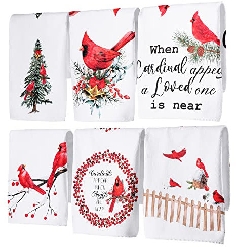 Panelee Kardinal-Küchentücher, Weihnachts-Küchentücher, Winter, rote Vögel, Geschirr-Set, 30,5 x 45,7 cm, Weihnachtsmotiv, saugfähig, für Teebar, Handtücher, Vintage, Glocke, Stechpalme, Beere, grüner