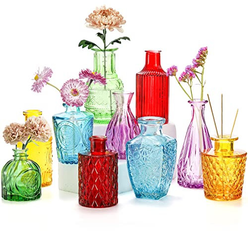 Coloch Lot de 10 vases colorés Assortis en Verre sculpté Vintage pour centres de Table, fêtes, décoration de Mariage, Bureau, Maison