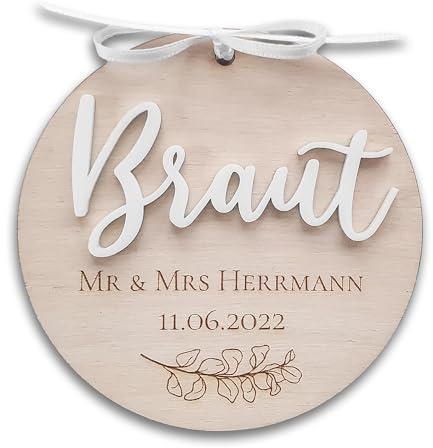 Kleiderbügel Anhänger Braut aus Holz personalisiert mit Name Hochzeitskleid (Individueller Name)