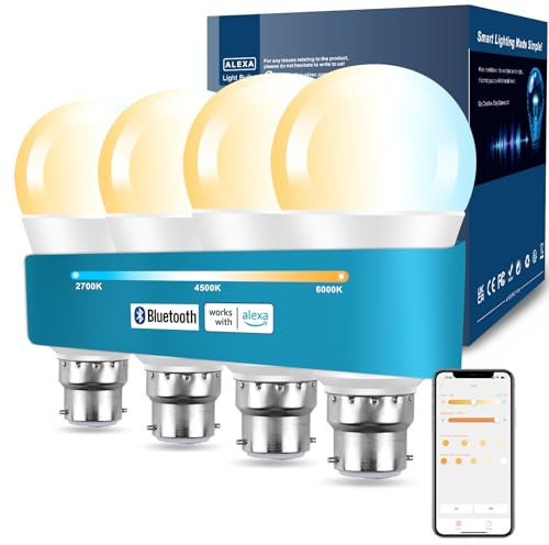 DUSKTEC 12W Smart Bayonet Bulb B22, 120W Equivalent Alexa Light Bulbs APP & Voice Control, Warm White to Daylight Dimmable Bluetooth Bulb Timer, A60 Energy Saving, 1200LM, No Hub, 4 Pack