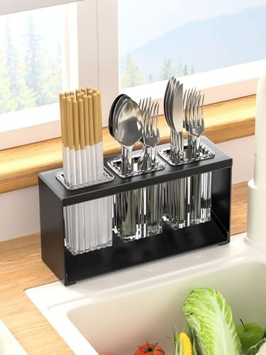 Hosoncovy Égouttoir à couverts de comptoir, boîte séparée, 3 tasses, fourchettes, baguettes, rangement pour ustensiles de cuisine (noir)