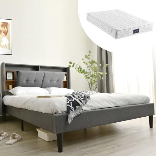 KnSam Polsterbett Doppelbett Stauraum-Kopfteil Bett mit Aufladen USB und Bettgestell Lattenrost aus Holz, 140x200CM Grau (Mit Matratze)