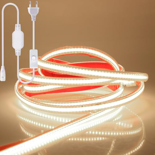 Wisada 35m COB LED Band Selbstklebend, 220V 288LEDs/M FCOB LED Streifen, Superhell Naturweiß Flexibler COB LED Lichtband mit Schaltstecker für Weihnachten, Urlaub, Innendekoration und Beleuchtung