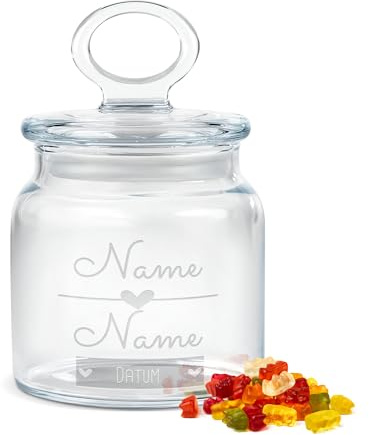 Print Royal PR Personalisierte Keksdose aus Glas mit Gravur - 550 ml - Linie mit Herz mit Namen und Datum als Geschenk für Frauen zum Jahrestag | Personalisiertes Geschenk Ideen Jahrestag