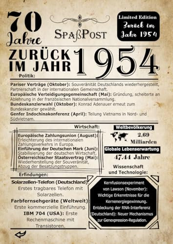 Geburtstags-Gästebuch 1954: 70 Jahre - Retrospektive Zeitungsumschlag: 120 Seiten/ 8,27 x 11,69 Zoll (21 x 29,7 cm)
