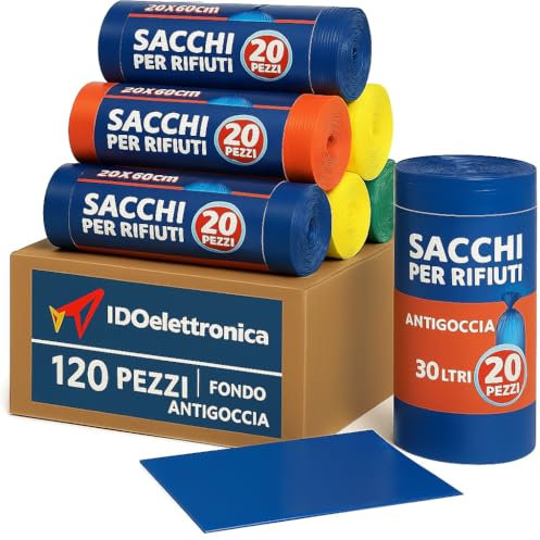 120 Sacchi per la Spazzatura Antigoccia 50x60 cm - Super Resistenti per Raccolta Differenziata - Colori Assortiti