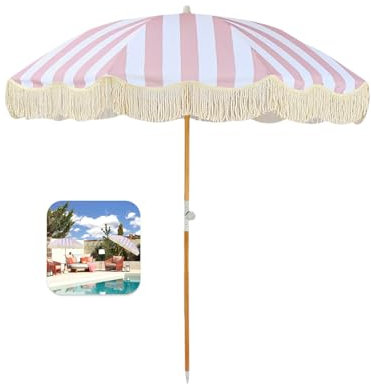 180cm Strandschirm Windfest Stabil Gartenschirm Mit Quasten Strandschirm Neigbar Marktschirm Uv Schutz Wasserdicht Mit Tragetasche Für Garten Terrasse Pool Balkon/8 Rippen ( Color : Pink Stripe , Size