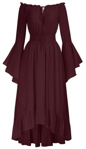 SCARLET DARKNESS Damen Mittelalter Renaissance Schulterfreies Maxikleid | Lange Ärmel | Trompetenärmel | Geraffte Taille | Seitliche Einschubtaschen | Futter | Korsagenkleid | Gotik | Piraten | Elf