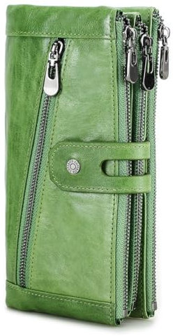 CONTACTS RFID Echtes Leder Geldbörse Frauen mit 3 Reißverschluss Brieftasche-Dame Karte Münzhalter Telefon Kupplung Handy Clutch lichtgrün