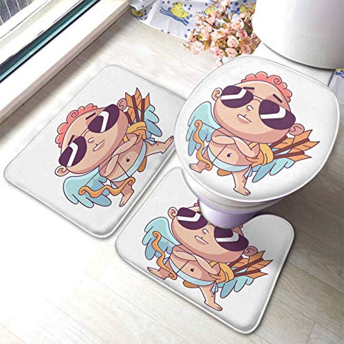 rutschfeste 3 Badteppich Set Lustiger Kleiner Amor Mit Schleife In rutschfeste Fußmatte Set Dekorative Weiche Badgarnitur Badematten, Für Wohnzimmer, Wc-Sitz Bezug