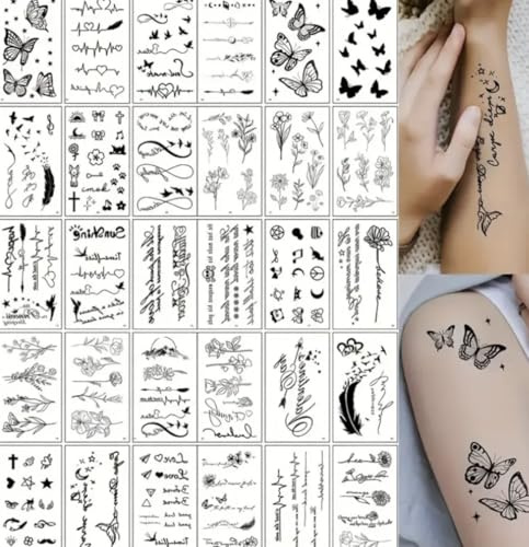 30 Sheets Fine Line Temporary Tattoos - Realistic Removable Body Art, Words, Patterns, Flowers, Botanical Leaves - 100s of Festival Tattoos