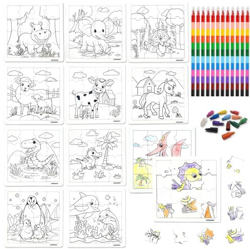 HahaMagic, 12PCS puzzles para colorear, con 12 ceras de colores apilables (12 colores en 1), adecuado como regalos cumpleaños niños colegio, regalitos de navidad para niños y detalles para regalar