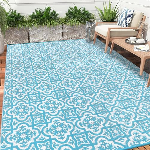 Enyhom Large Outdoor Rug for Garden 180x270cm Waterproof Patio Print Reversible Mat Lightweight RV Camping Outdoor Area Rug Plastic Straw Carpet for Balcony Deck Backyard Picnic Porch Beach, Teal
