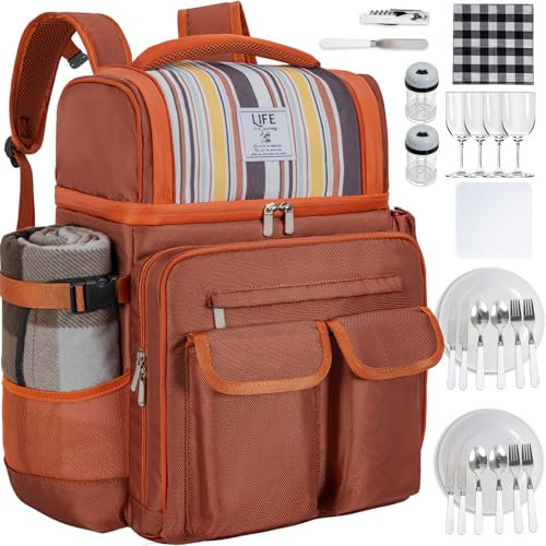ITHWIU Picknickrucksack für 4 Personen mit 2 isolierten auslaufsicheren Kühlfächern, 4 Bestecksets, Weinhalter, Fleecedecke, perfekt für Strand, Camping, Wandern, Braun
