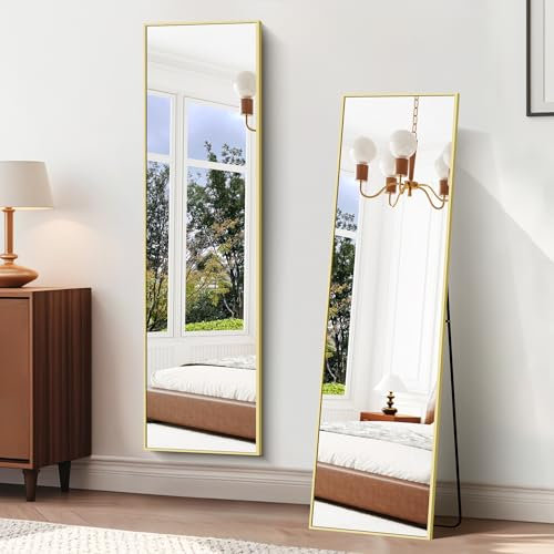 BONEWEI Specchio da Terra 150x40 cm, Specchio Rettangolare a Figura Intera con Cornice in Alluminio Dorato, moderno grande specchio da parete in piedi o da appendere, per Soggiorno, Spogliatoio